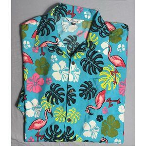 Alvish Enjoy Life Hawaiian Short Sleeve Shirt 3XL Flamingo Blue Button Up